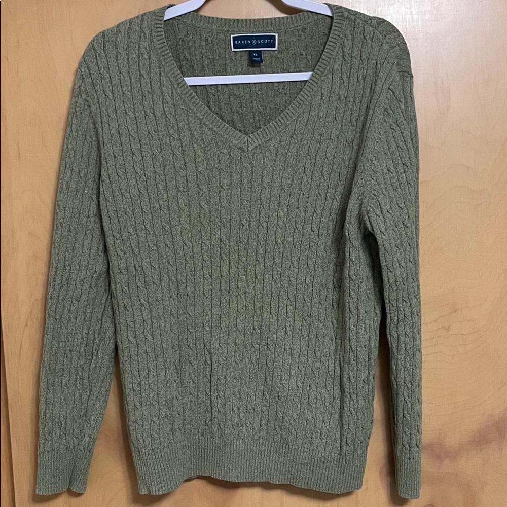 Karen Scott Olive Green Cable Knit Sweater size XL crew neck - Picture 2 of 4